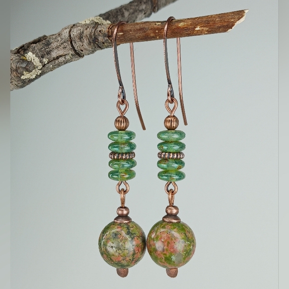 HAND CRAFTED Unakite Artisan Glass Green Pink Copper Boho Nature Stone Earrings - Picture 2 of 6